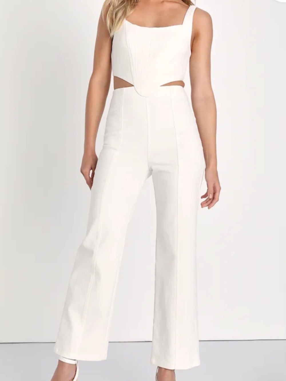 Lulus- Perfect Icon Ivory Bustier Cutout Straight Leg Denim Jumpsuit
